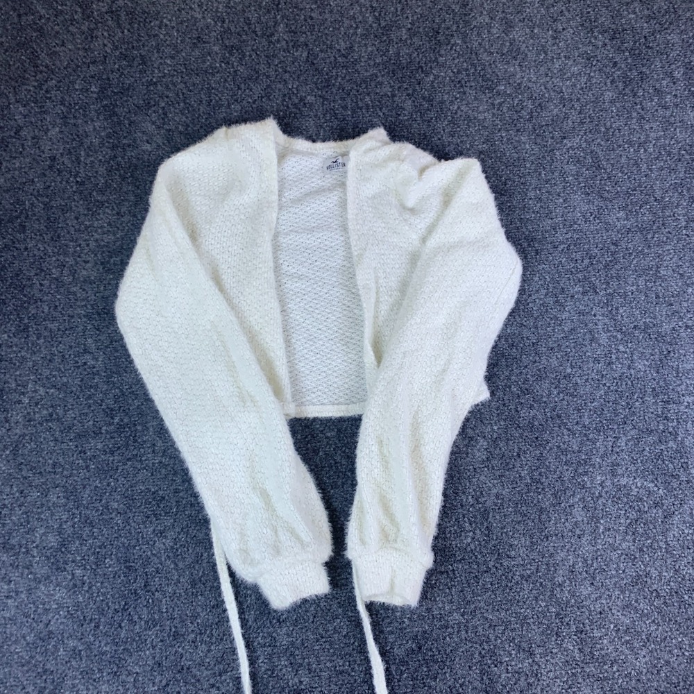 Hollister Cropped Cardigan Sweater Women XS White Fuzzy Knit Tie Strap Winter